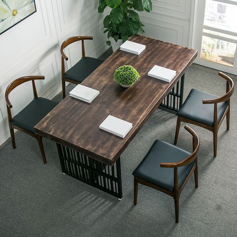 Industrial Pine Wood Table for Restaurant Rectangle Table with Black Double Pedestal Base Walnut 63"L x 27.6"W x 29.5"H Without Chairs Clearhalo ' dining_table' 'Dining Tables & Seating' 'Dining Tables' 'furn' 'furn_dining_table' 'Furniture' 'furniture_dining_table' 'Kitchen & Dining Furniture' 'kitchen&dining_furn' 'kitchen' 'kitchen_dining_table' 4510960