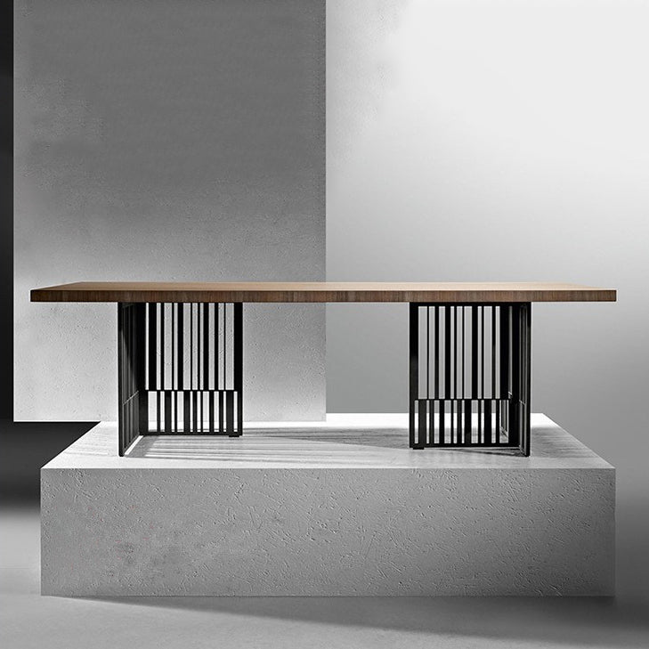 Industrial Pine Wood Table for Restaurant Rectangle Table with Black Double Pedestal Base Brown 70.9"L x 31.5"W x 29.5"H Without Chairs Clearhalo ' dining_table' 'Dining Tables & Seating' 'Dining Tables' 'furn' 'furn_dining_table' 'Furniture' 'furniture_dining_table' 'Kitchen & Dining Furniture' 'kitchen&dining_furn' 'kitchen' 'kitchen_dining_table' 4510962