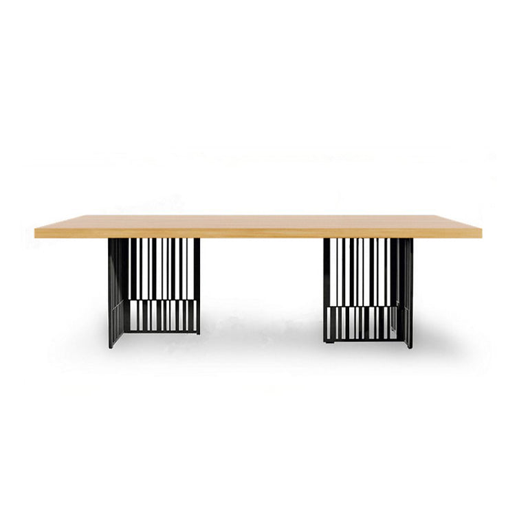 Industrial Pine Wood Table for Restaurant Rectangle Table with Black Double Pedestal Base Natural Without Chairs Clearhalo ' dining_table' 'Dining Tables & Seating' 'Dining Tables' 'furn' 'furn_dining_table' 'Furniture' 'furniture_dining_table' 'Kitchen & Dining Furniture' 'kitchen&dining_furn' 'kitchen' 'kitchen_dining_table' 4510964
