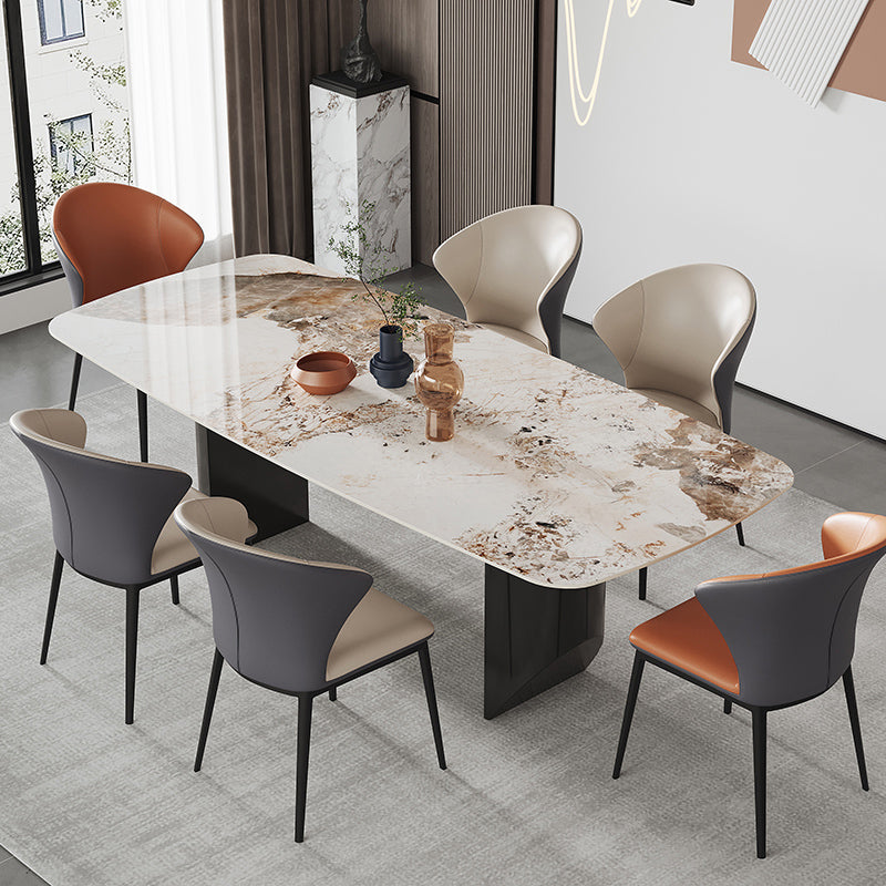 Designer Style 1/4/7 Pieces Dining Set Sintered Stone Dining Table with Leather Chairs 7 Pieces: Table, 4 White+2 Orange Chairs Clearhalo 'Dining Room Sets' 'Dining Tables & Seating' 'dining_room_set' 'furn' 'furn_dining_room_set' 'Furniture' 'furniture_dining_room_set' 'Kitchen & Dining Furniture' 'kitchen&dining_furn' 'kitchen' 4511833