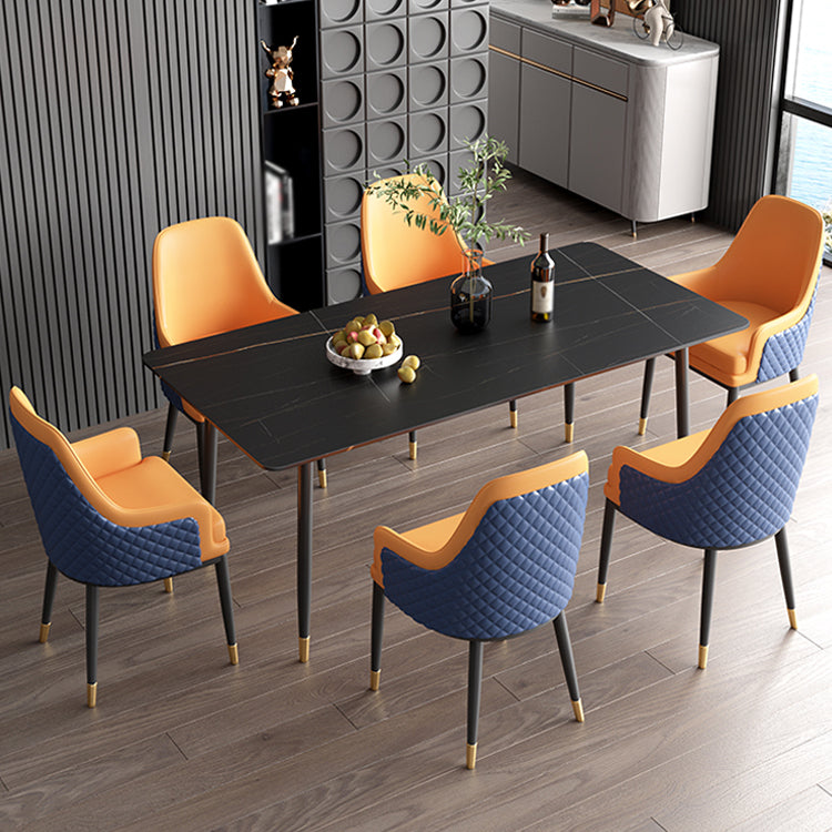Nordic 1/2/5/7 Pieces Dining Set Sintered Stone Dining Table with Leather Chairs 7 Pieces: Black Table, 6 Orange Chairs Clearhalo 'Dining Room Sets' 'Dining Tables & Seating' 'dining_room_set' 'furn' 'furn_dining_room_set' 'Furniture' 'furniture_dining_room_set' 'Kitchen & Dining Furniture' 'kitchen&dining_furn' 'kitchen' 4512007