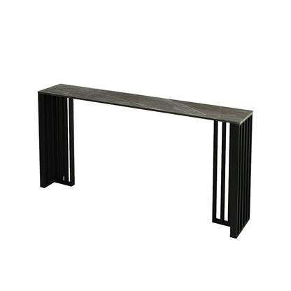 Modern Marble Table with Rectangle Table Top Black Double Pedestal Table - 42" H 47.2"L x 15.7"W x 41.3"H Grey Without Chairs Clearhalo 'Bar Furniture' 'Bar Tables' 'bar_tables' 'furn' 'furn_bar_tables' 'Furniture' 'furniture_bar_tables' 'Kitchen & Dining Furniture' 4512896