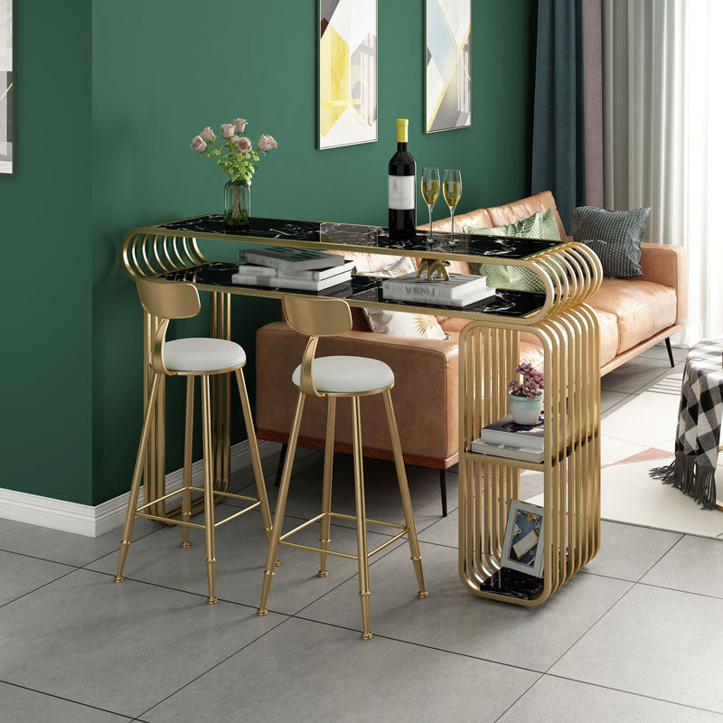 Glam Wood Pub Table with Rectangle Table Top Gold Double Pedestal Table - 42" H Gold-Black Without Chairs Clearhalo 'Bar Furniture' 'Bar Tables' 'bar_tables' 'furn' 'furn_bar_tables' 'Furniture' 'furniture_bar_tables' 'Kitchen & Dining Furniture' 4512912