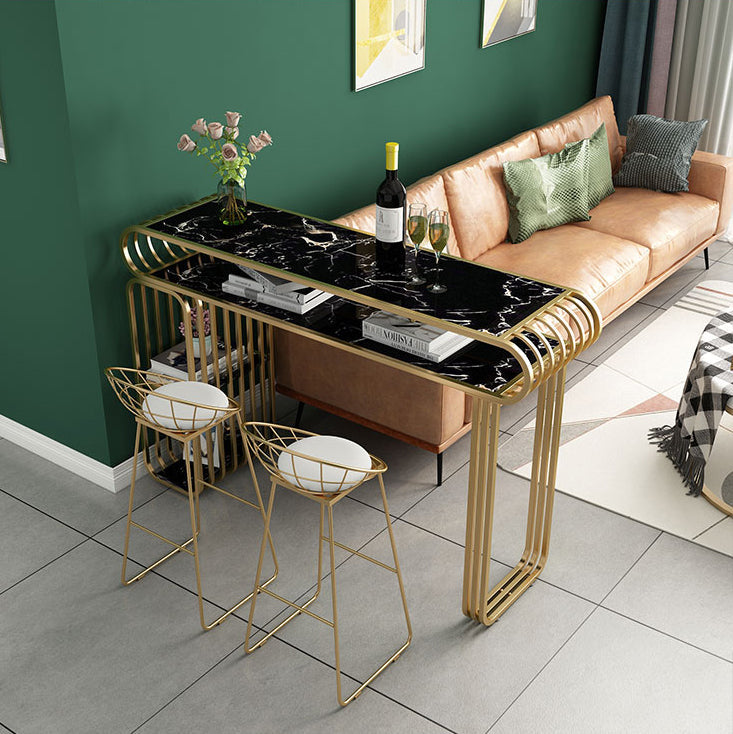 Glam Wood Pub Table with Rectangle Table Top Gold Double Pedestal Table - 42" H 55.1"L x 15.7"W x 41.3"H Gold-Black Without Chairs Clearhalo 'Bar Furniture' 'Bar Tables' 'bar_tables' 'furn' 'furn_bar_tables' 'Furniture' 'furniture_bar_tables' 'Kitchen & Dining Furniture' 4512913