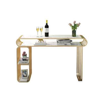 Glam Wood Pub Table with Rectangle Table Top Gold Double Pedestal Table - 42" H 39.4"L x 15.7"W x 41.3"H White-Gold Without Chairs Clearhalo 'Bar Furniture' 'Bar Tables' 'bar_tables' 'furn' 'furn_bar_tables' 'Furniture' 'furniture_bar_tables' 'Kitchen & Dining Furniture' 4512914