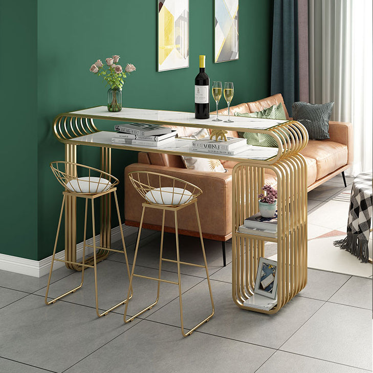 Glam Wood Pub Table with Rectangle Table Top Gold Double Pedestal Table - 42" H Clearhalo 'Bar Furniture' 'Bar Tables' 'bar_tables' 'furn' 'furn_bar_tables' 'Furniture' 'furniture_bar_tables' 'Kitchen & Dining Furniture' 4512916