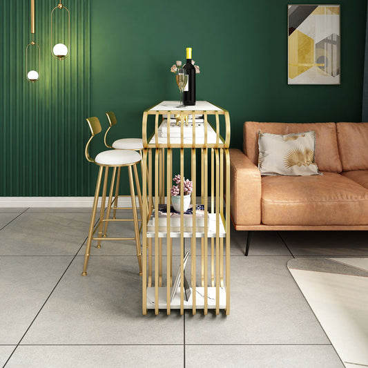 Glam Wood Pub Table with Rectangle Table Top Gold Double Pedestal Table - 42" H Clearhalo 'Bar Furniture' 'Bar Tables' 'bar_tables' 'furn' 'furn_bar_tables' 'Furniture' 'furniture_bar_tables' 'Kitchen & Dining Furniture' 4512919