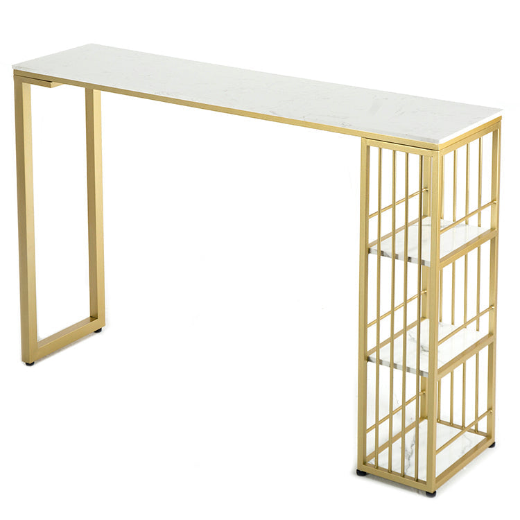 Marble Bistro Table with Rectangle Table Top Double Pedestal Table - 41.3" H 39.4"L x 15.7"W x 41.3"H White-Gold Stone Clearhalo 'Bar Furniture' 'Bar Tables' 'bar_tables' 'furn' 'furn_bar_tables' 'Furniture' 'furniture_bar_tables' 'Kitchen & Dining Furniture' 4512944