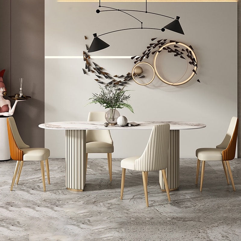 Oval Double Pedestal Modern Dining Table Sintered Stone Fixed Table for Kitchen White 55.1"L x 31.5"W x 29.5"H Without Chairs Clearhalo ' dining_table' 'Dining Tables & Seating' 'Dining Tables' 'furn' 'furn_dining_table' 'Furniture' 'furniture_dining_table' 'Kitchen & Dining Furniture' 'kitchen&dining_furn' 'kitchen' 'kitchen_dining_table' 4522980