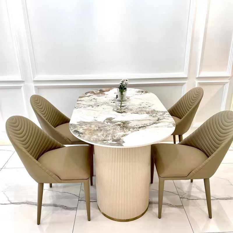 Oval Double Pedestal Modern Dining Table Sintered Stone Fixed Table for Kitchen Gray 63"L x 35.4"W x 29.5"H Without Chairs Clearhalo ' dining_table' 'Dining Tables & Seating' 'Dining Tables' 'furn' 'furn_dining_table' 'Furniture' 'furniture_dining_table' 'Kitchen & Dining Furniture' 'kitchen&dining_furn' 'kitchen' 'kitchen_dining_table' 4522983