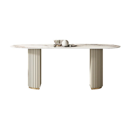 Oval Double Pedestal Modern Dining Table Sintered Stone Fixed Table for Kitchen Gray Without Chairs Clearhalo ' dining_table' 'Dining Tables & Seating' 'Dining Tables' 'furn' 'furn_dining_table' 'Furniture' 'furniture_dining_table' 'Kitchen & Dining Furniture' 'kitchen&dining_furn' 'kitchen' 'kitchen_dining_table' 4522984