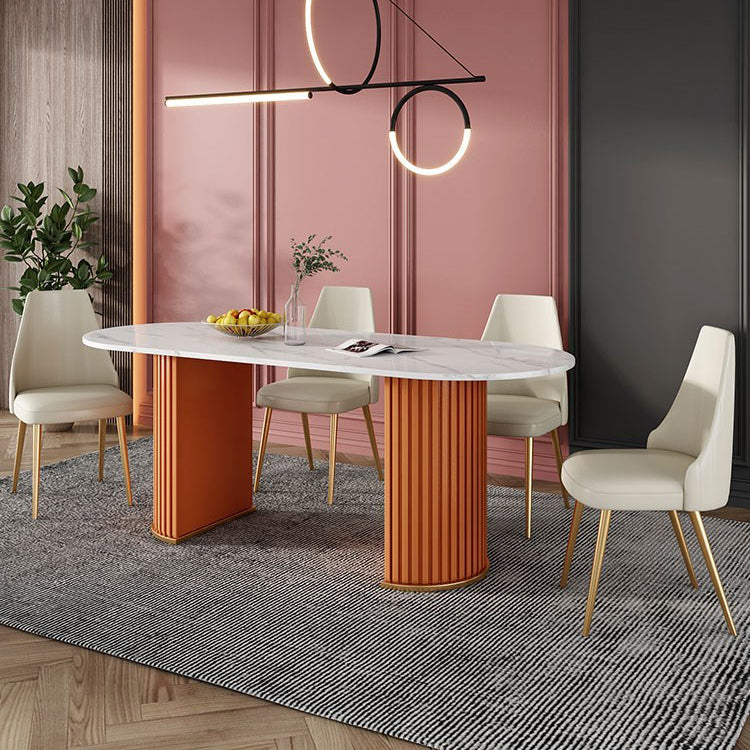 Modern White Sintered Stone Dining Table Oval Shape Standard Dining Table for Kitchen Orange 63"L x 31.5"W x 29.5"H Without Chairs Clearhalo ' dining_table' 'Dining Tables & Seating' 'Dining Tables' 'furn' 'furn_dining_table' 'Furniture' 'furniture_dining_table' 'Kitchen & Dining Furniture' 'kitchen&dining_furn' 'kitchen' 'kitchen_dining_table' 4523013