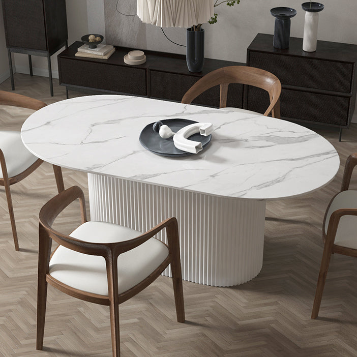 Solid Wood Base Contemporary Oval Dining Table White Top Table with Pedestal Base Stone 55.1"L x 27.6"W x 29.5"H Without Chairs Clearhalo ' dining_table' 'Dining Tables & Seating' 'Dining Tables' 'furn' 'furn_dining_table' 'Furniture' 'furniture_dining_table' 'Kitchen & Dining Furniture' 'kitchen&dining_furn' 'kitchen' 'kitchen_dining_table' 4523032