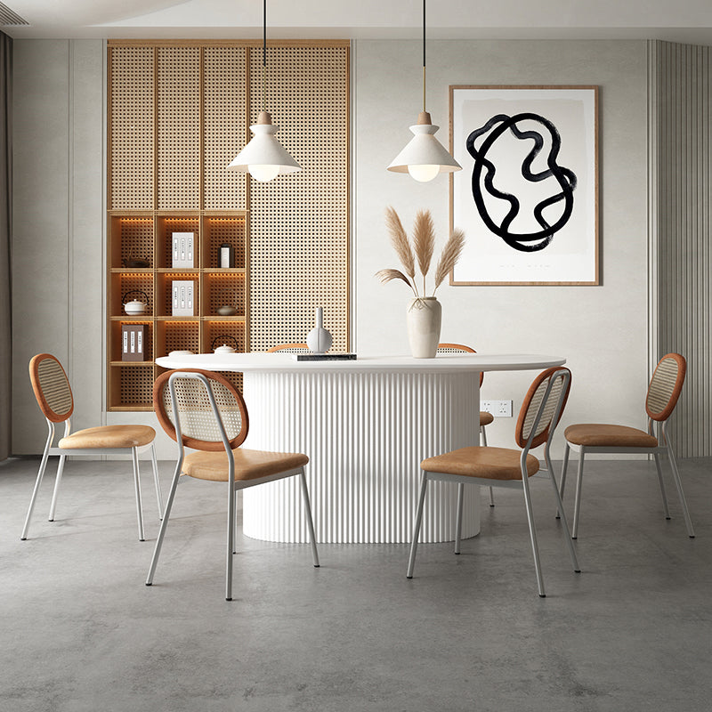 Solid Wood Base Contemporary Oval Dining Table White Top Table with Pedestal Base Wood 59.1"L x 27.6"W x 29.5"H Without Chairs Clearhalo ' dining_table' 'Dining Tables & Seating' 'Dining Tables' 'furn' 'furn_dining_table' 'Furniture' 'furniture_dining_table' 'Kitchen & Dining Furniture' 'kitchen&dining_furn' 'kitchen' 'kitchen_dining_table' 4523033
