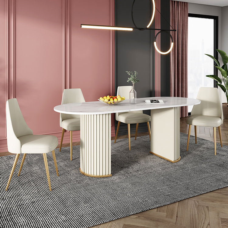 Contemporary Freeform Dining Table Sintered Stone Table with Double Pedestal Base White 63"L x 31.5"W x 29.5"H Without Chairs Clearhalo ' dining_table' 'Dining Tables & Seating' 'Dining Tables' 'furn' 'furn_dining_table' 'Furniture' 'furniture_dining_table' 'Kitchen & Dining Furniture' 'kitchen&dining_furn' 'kitchen' 'kitchen_dining_table' 4523061