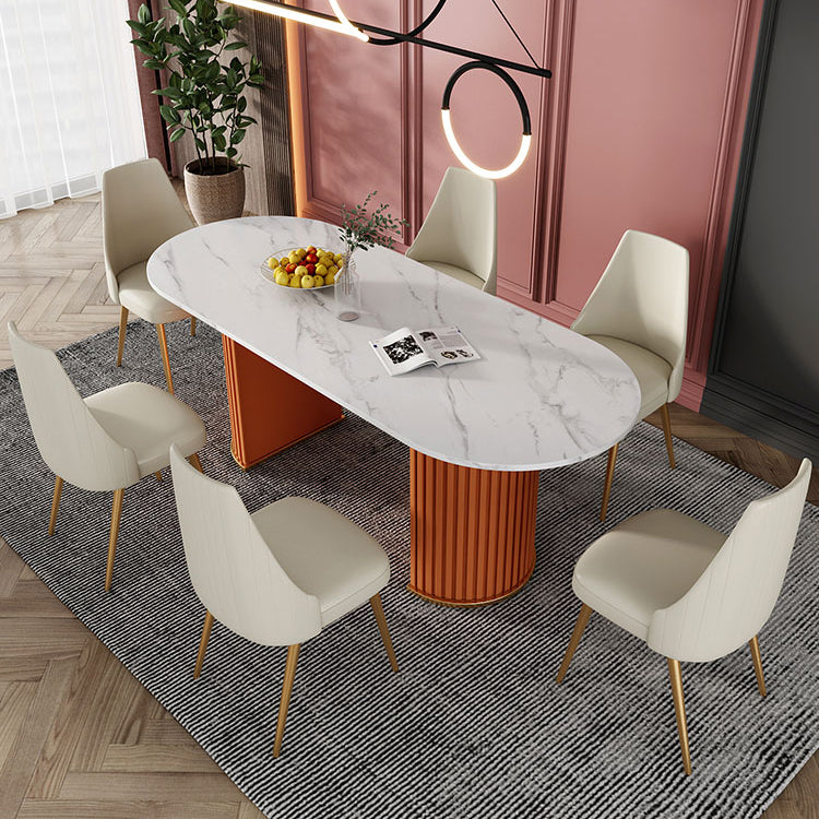 Contemporary Freeform Dining Table Sintered Stone Table with Double Pedestal Base Orange 63"L x 31.5"W x 29.5"H Without Chairs Clearhalo ' dining_table' 'Dining Tables & Seating' 'Dining Tables' 'furn' 'furn_dining_table' 'Furniture' 'furniture_dining_table' 'Kitchen & Dining Furniture' 'kitchen&dining_furn' 'kitchen' 'kitchen_dining_table' 4523062