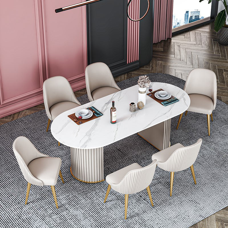 Oval Stone Dining Room Collection Traditional Luxury Home Furniture for Indoor Beige 63"L x 31.5"W x 29.5"H Without Chairs Clearhalo ' dining_table' 'Dining Tables & Seating' 'Dining Tables' 'furn' 'furn_dining_table' 'Furniture' 'furniture_dining_table' 'Kitchen & Dining Furniture' 'kitchen&dining_furn' 'kitchen' 'kitchen_dining_table' 4523080