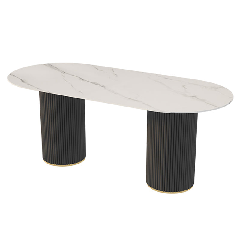 Sintered Stone Top Modern White Table for Restaurant Oval Table with Double Pedestal Base Black Without Chairs Clearhalo ' dining_table' 'Dining Tables & Seating' 'Dining Tables' 'furn' 'furn_dining_table' 'Furniture' 'furniture_dining_table' 'Kitchen & Dining Furniture' 'kitchen&dining_furn' 'kitchen' 'kitchen_dining_table' 4523144