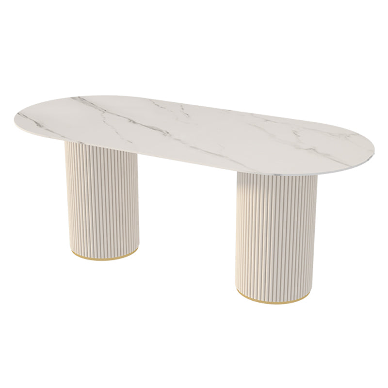 Sintered Stone Top Modern White Table for Restaurant Oval Table with Double Pedestal Base White Without Chairs Clearhalo ' dining_table' 'Dining Tables & Seating' 'Dining Tables' 'furn' 'furn_dining_table' 'Furniture' 'furniture_dining_table' 'Kitchen & Dining Furniture' 'kitchen&dining_furn' 'kitchen' 'kitchen_dining_table' 4523149