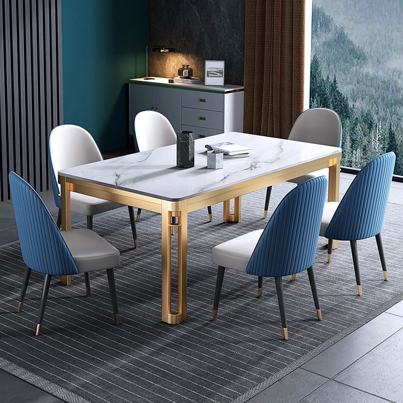 Traditional Luxury Dining Table Rectangle Sintered Stone 4 Legs Table with Gold Frame White 63"L x 31.5"W x 29.5"H Without Chairs Clearhalo ' dining_table' 'Dining Tables & Seating' 'Dining Tables' 'furn' 'furn_dining_table' 'Furniture' 'furniture_dining_table' 'Kitchen & Dining Furniture' 'kitchen&dining_furn' 'kitchen' 'kitchen_dining_table' 4523187