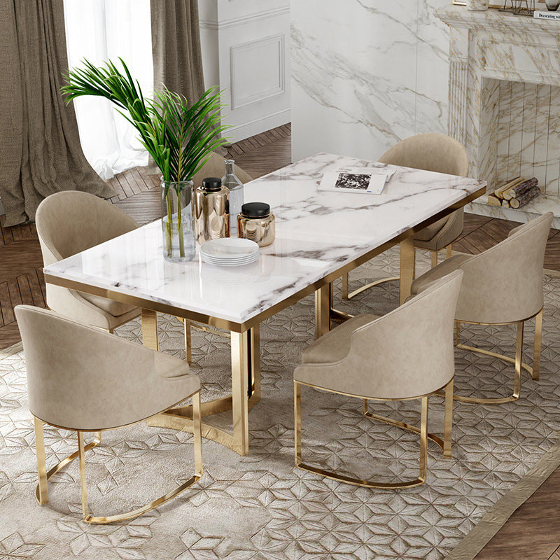 Traditional Luxury Dining Table Rectangle Double Pedestal Table with Gold Frame White 63"L x 31.5"W x 29.5"H Without Chairs Clearhalo ' dining_table' 'Dining Tables & Seating' 'Dining Tables' 'furn' 'furn_dining_table' 'Furniture' 'furniture_dining_table' 'Kitchen & Dining Furniture' 'kitchen&dining_furn' 'kitchen' 'kitchen_dining_table' 4523238