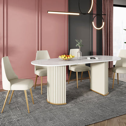 Oval Double Pedestal Luxury Dining Table Sintered Stone White Fixed Table for Restaurant White 55.1"L x 31.5"W x 29.5"H Without Chairs Clearhalo ' dining_table' 'Dining Tables & Seating' 'Dining Tables' 'furn' 'furn_dining_table' 'Furniture' 'furniture_dining_table' 'Kitchen & Dining Furniture' 'kitchen&dining_furn' 'kitchen' 'kitchen_dining_table' 4523276