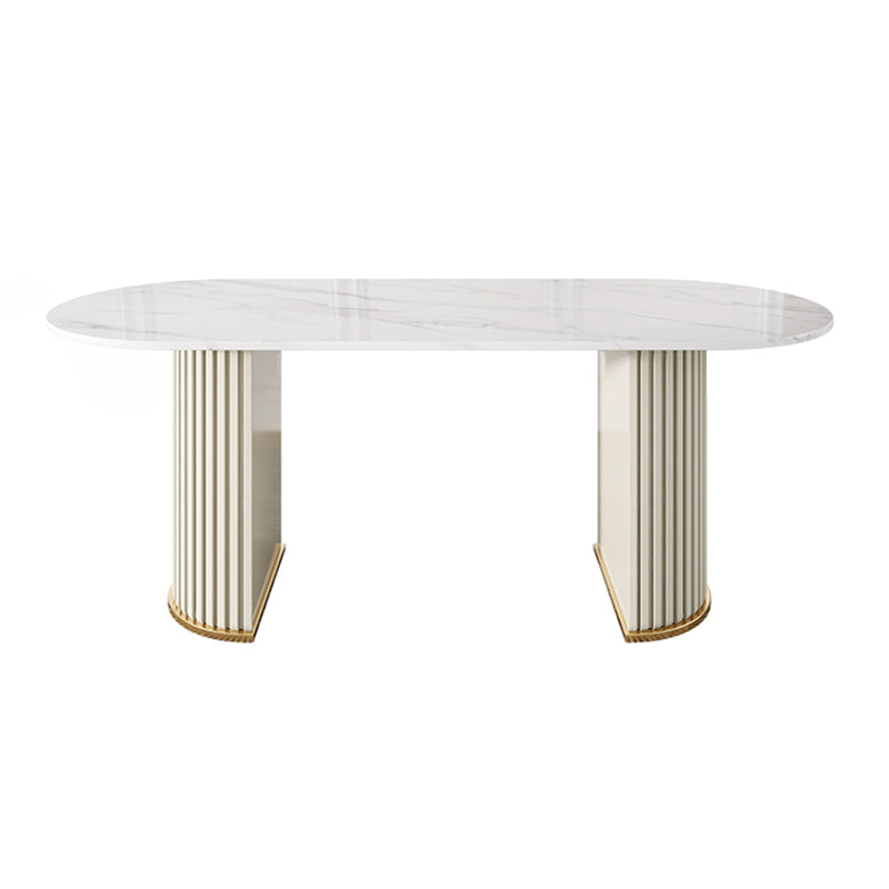 Oval Double Pedestal Luxury Dining Table Sintered Stone White Fixed Table for Restaurant White 78.7"L x 31.5"W x 29.5"H Without Chairs Clearhalo ' dining_table' 'Dining Tables & Seating' 'Dining Tables' 'furn' 'furn_dining_table' 'Furniture' 'furniture_dining_table' 'Kitchen & Dining Furniture' 'kitchen&dining_furn' 'kitchen' 'kitchen_dining_table' 4523277