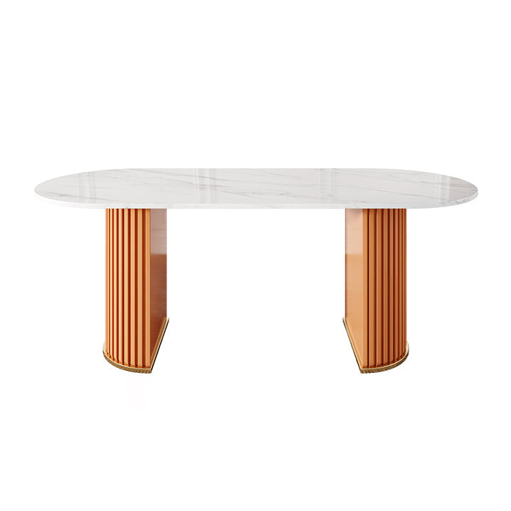 Oval Double Pedestal Luxury Dining Table Sintered Stone White Fixed Table for Restaurant Orange Without Chairs Clearhalo ' dining_table' 'Dining Tables & Seating' 'Dining Tables' 'furn' 'furn_dining_table' 'Furniture' 'furniture_dining_table' 'Kitchen & Dining Furniture' 'kitchen&dining_furn' 'kitchen' 'kitchen_dining_table' 4523281