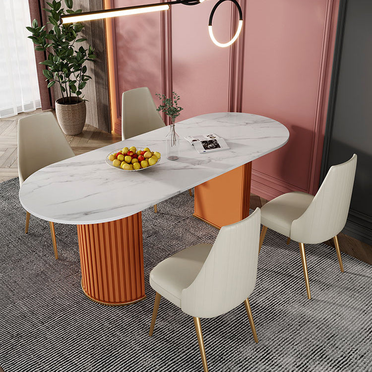 Oval Double Pedestal Luxury Dining Table Sintered Stone White Fixed Table for Restaurant Clearhalo ' dining_table' 'Dining Tables & Seating' 'Dining Tables' 'furn' 'furn_dining_table' 'Furniture' 'furniture_dining_table' 'Kitchen & Dining Furniture' 'kitchen&dining_furn' 'kitchen' 'kitchen_dining_table' 4523286