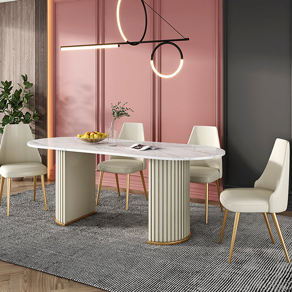 Oval Double Pedestal Luxury Dining Table Sintered Stone White Fixed Table for Restaurant Clearhalo ' dining_table' 'Dining Tables & Seating' 'Dining Tables' 'furn' 'furn_dining_table' 'Furniture' 'furniture_dining_table' 'Kitchen & Dining Furniture' 'kitchen&dining_furn' 'kitchen' 'kitchen_dining_table' 4523289