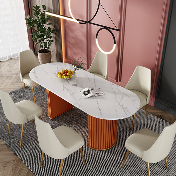 Oval Double Pedestal Luxury Dining Table Sintered Stone White Fixed Table for Restaurant Clearhalo ' dining_table' 'Dining Tables & Seating' 'Dining Tables' 'furn' 'furn_dining_table' 'Furniture' 'furniture_dining_table' 'Kitchen & Dining Furniture' 'kitchen&dining_furn' 'kitchen' 'kitchen_dining_table' 4523291