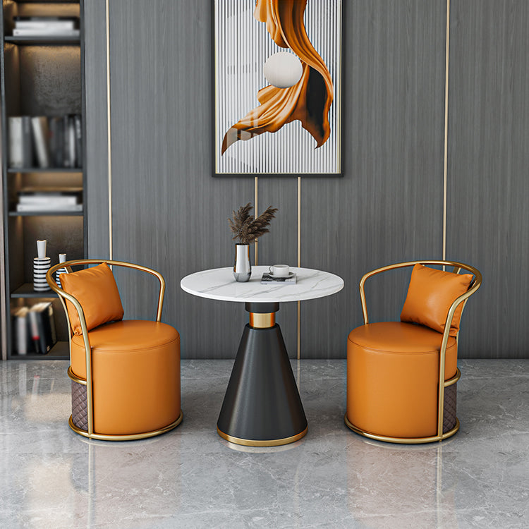1/3/4 Pcs Metal Modern Dining Room Set with Round Table and Pedestal Base Dining Set 3 Pieces: Table, 2 Orange Chairs Clearhalo 'Dining Room Sets' 'Dining Tables & Seating' 'dining_room_set' 'furn' 'furn_dining_room_set' 'Furniture' 'furniture_dining_room_set' 'Kitchen & Dining Furniture' 'kitchen&dining_furn' 'kitchen' 4524186