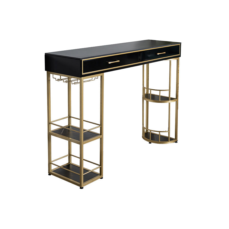 Marble Bar Table with Rectangle Table Top Double Pedestal Table - 41.3" H 39.4"L x 15.7"W x 41.3"H Gold-Black Without Chairs Clearhalo 'Bar Furniture' 'Bar Tables' 'bar_tables' 'furn' 'furn_bar_tables' 'Furniture' 'furniture_bar_tables' 'Kitchen & Dining Furniture' 4528172