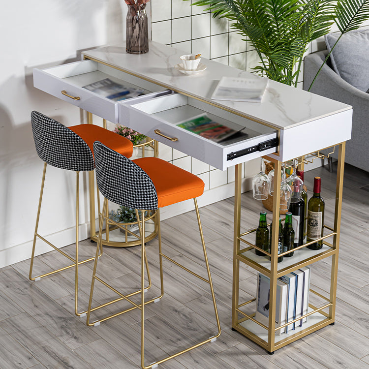 Marble Bar Table with Rectangle Table Top Double Pedestal Table - 41.3" H 39.4"L x 15.7"W x 41.3"H White-Gold Without Chairs Clearhalo 'Bar Furniture' 'Bar Tables' 'bar_tables' 'furn' 'furn_bar_tables' 'Furniture' 'furniture_bar_tables' 'Kitchen & Dining Furniture' 4528174