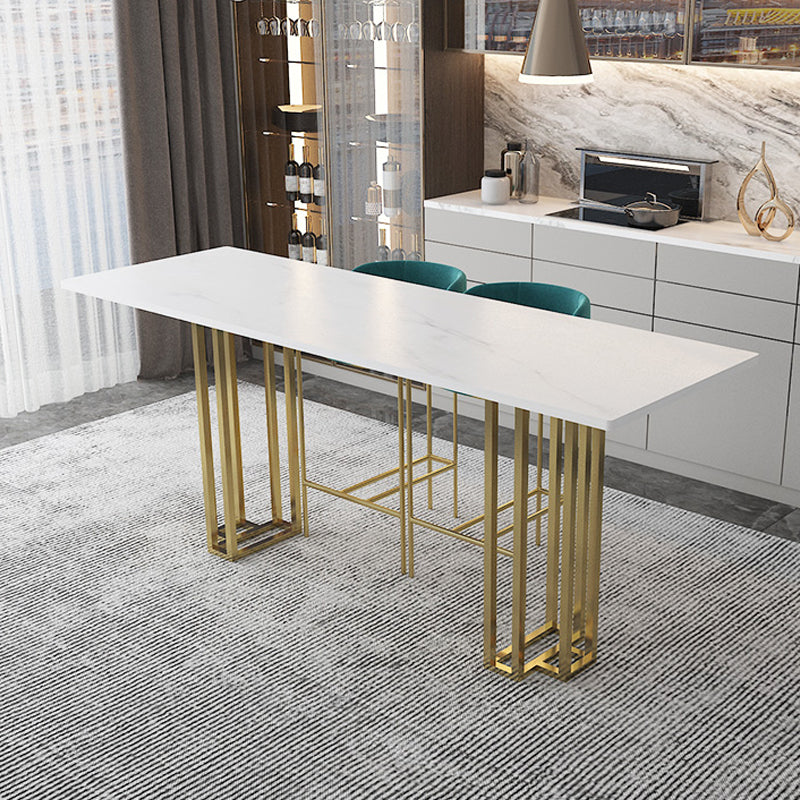 Industrial Marble Bar Table with Rectangle Table Top Double Pedestal Table - 39" H Clearhalo 'Bar Furniture' 'Bar Tables' 'bar_tables' 'furn' 'furn_bar_tables' 'Furniture' 'furniture_bar_tables' 'Kitchen & Dining Furniture' 4528307