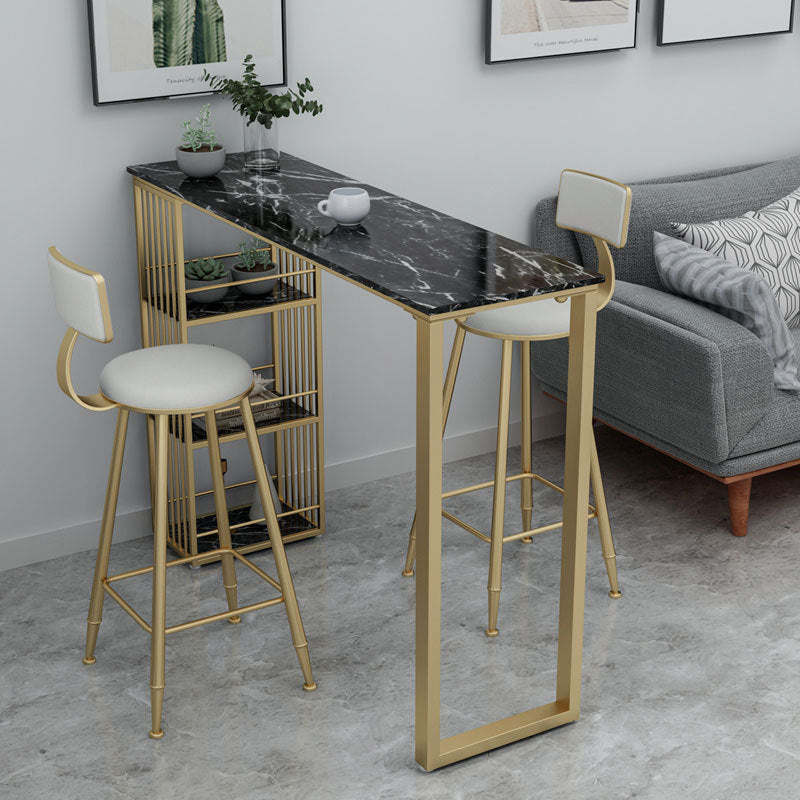 Glam Marble Pub Table with Rectangle Table Top Gold Double Pedestal Table - 42" H 78.7"L x 15.7"W x 41.3"H Gold-Black Without Chairs Clearhalo 'Bar Furniture' 'Bar Tables' 'bar_tables' 'furn' 'furn_bar_tables' 'Furniture' 'furniture_bar_tables' 'Kitchen & Dining Furniture' 4537508