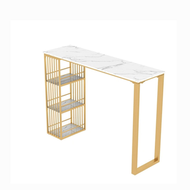 Glam Marble Pub Table with Rectangle Table Top Gold Double Pedestal Table - 42" H White-Gold Without Chairs Clearhalo 'Bar Furniture' 'Bar Tables' 'bar_tables' 'furn' 'furn_bar_tables' 'Furniture' 'furniture_bar_tables' 'Kitchen & Dining Furniture' 4537509