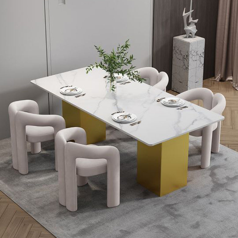 Glam 1/2/5/7 Pieces Dinette Set Sintered Stone Dining Table Sets 5 Pieces: White-gold Table, 4 Beige Chairs Clearhalo 'Dining Room Sets' 'Dining Tables & Seating' 'dining_room_set' 'furn' 'furn_dining_room_set' 'Furniture' 'furniture_dining_room_set' 'Kitchen & Dining Furniture' 'kitchen&dining_furn' 'kitchen' 4537772