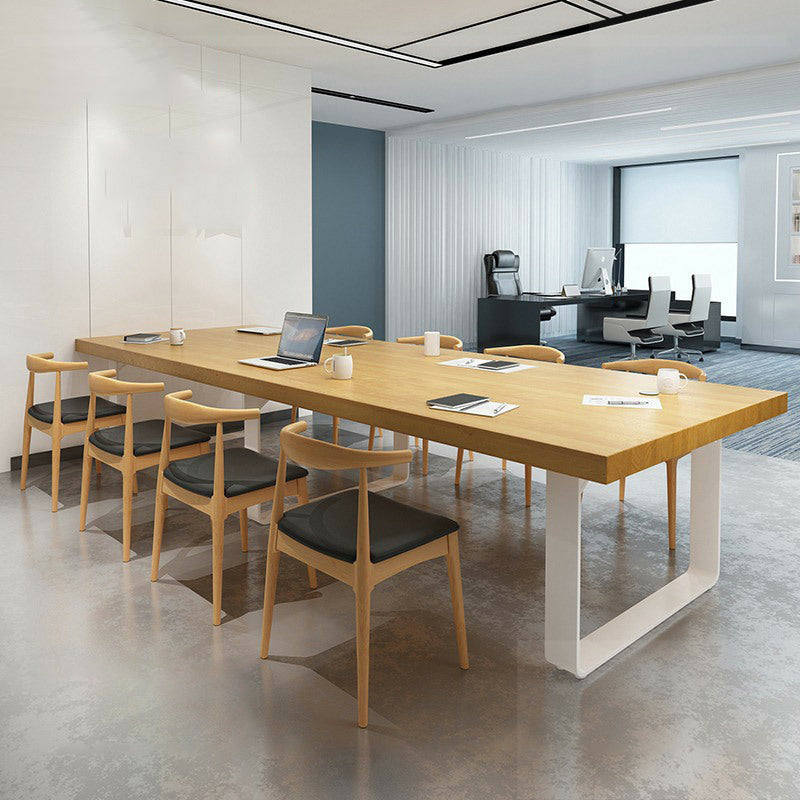 Metal Industrial Rectangle Dining Table Pine Solid Wood Top Table with Sled Base 118.1"L x 47.2"W x 29.5"H Without Chairs Clearhalo ' dining_table' 'Dining Tables & Seating' 'Dining Tables' 'furn' 'furn_dining_table' 'Furniture' 'furniture_dining_table' 'Kitchen & Dining Furniture' 'kitchen&dining_furn' 'kitchen' 'kitchen_dining_table' 4537989