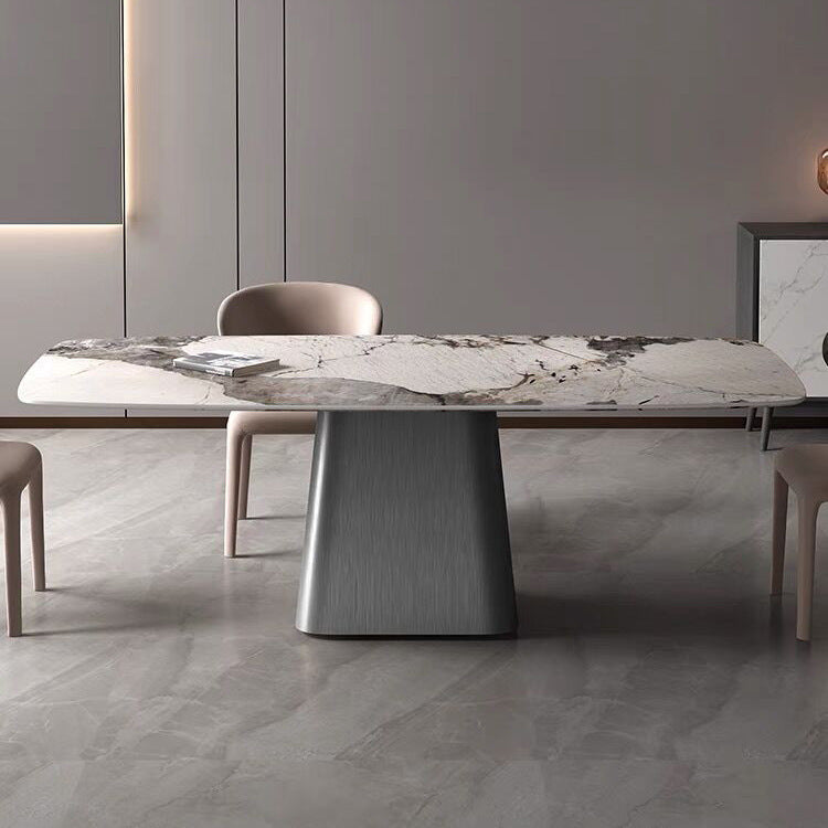 Modern Dining Table Stone Top Table with Stainless Steel Pedestal Base Gray 55.1"L x 31.5"W x 29.5"H Without Chairs Clearhalo ' dining_table' 'Dining Tables & Seating' 'Dining Tables' 'furn' 'furn_dining_table' 'Furniture' 'furniture_dining_table' 'Kitchen & Dining Furniture' 'kitchen&dining_furn' 'kitchen' 'kitchen_dining_table' 4538032