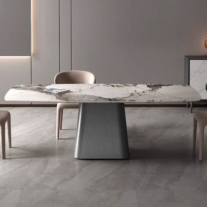 Modern Dining Table Stone Top Table with Stainless Steel Pedestal Base Gray 55.1"L x 31.5"W x 29.5"H Without Chairs Clearhalo ' dining_table' 'Dining Tables & Seating' 'Dining Tables' 'furn' 'furn_dining_table' 'Furniture' 'furniture_dining_table' 'Kitchen & Dining Furniture' 'kitchen&dining_furn' 'kitchen' 'kitchen_dining_table' 4538032