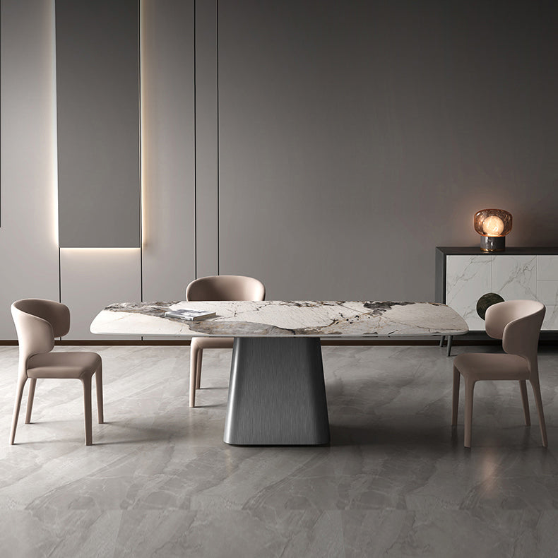 Modern Dining Table Stone Top Table with Stainless Steel Pedestal Base Gray 63"L x 31.5"W x 29.5"H Without Chairs Clearhalo ' dining_table' 'Dining Tables & Seating' 'Dining Tables' 'furn' 'furn_dining_table' 'Furniture' 'furniture_dining_table' 'Kitchen & Dining Furniture' 'kitchen&dining_furn' 'kitchen' 'kitchen_dining_table' 4538035