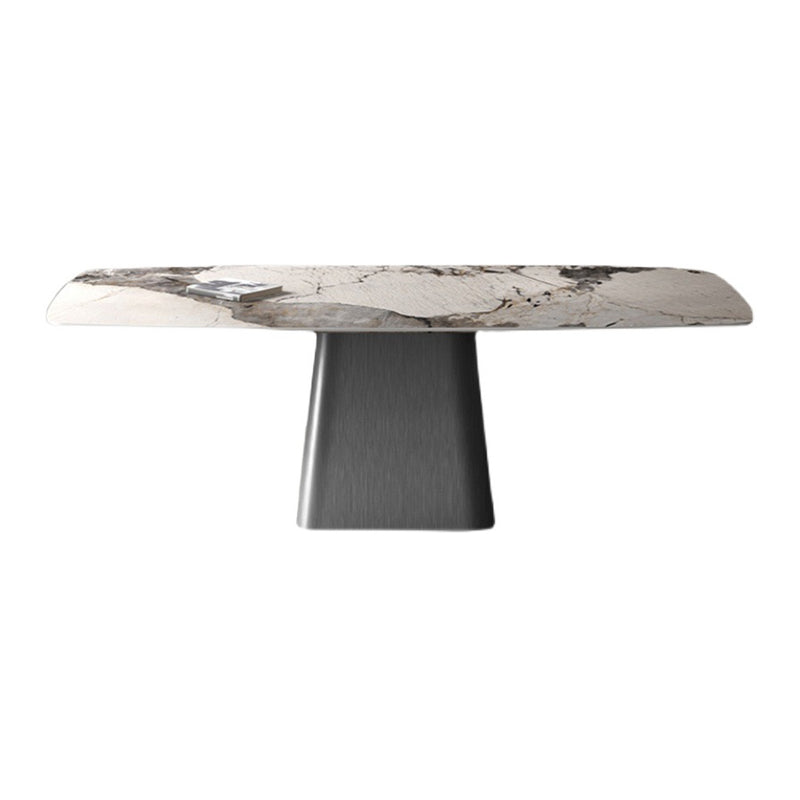 Modern Dining Table Stone Top Table with Stainless Steel Pedestal Base Gray 70.9"L x 35.4"W x 29.9"H Without Chairs Clearhalo ' dining_table' 'Dining Tables & Seating' 'Dining Tables' 'furn' 'furn_dining_table' 'Furniture' 'furniture_dining_table' 'Kitchen & Dining Furniture' 'kitchen&dining_furn' 'kitchen' 'kitchen_dining_table' 4538036