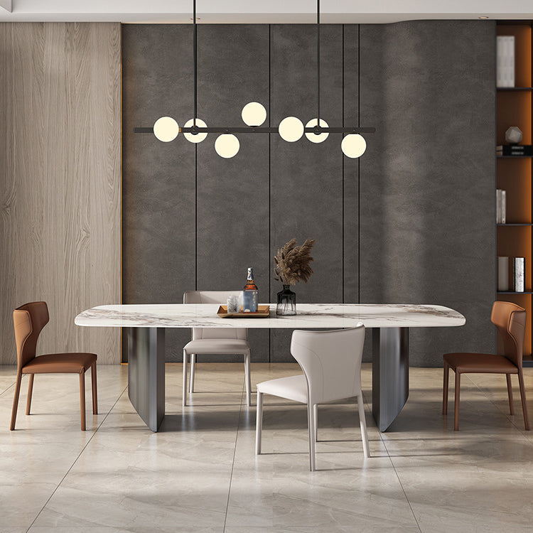 Modern Rectangle Dining Table Stone Top Table with Stainless Steel Sled Base White 55.1"L x 31.5"W x 29.5"H Without Chairs Clearhalo ' dining_table' 'Dining Tables & Seating' 'Dining Tables' 'furn' 'furn_dining_table' 'Furniture' 'furniture_dining_table' 'Kitchen & Dining Furniture' 'kitchen&dining_furn' 'kitchen' 'kitchen_dining_table' 4538045