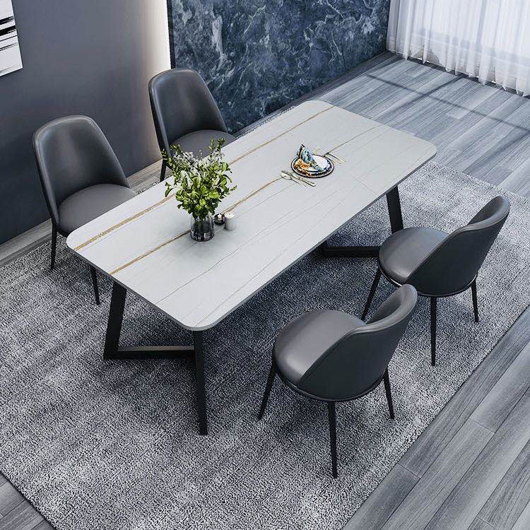Modern Style Rectangle Stone Furniture Double Pedestal Dining Room Collection White 55.1"L x 27.6"W x 29.5"H Without Chairs Clearhalo ' dining_table' 'Dining Tables & Seating' 'Dining Tables' 'furn' 'furn_dining_table' 'Furniture' 'furniture_dining_table' 'Kitchen & Dining Furniture' 'kitchen&dining_furn' 'kitchen' 'kitchen_dining_table' 4538063