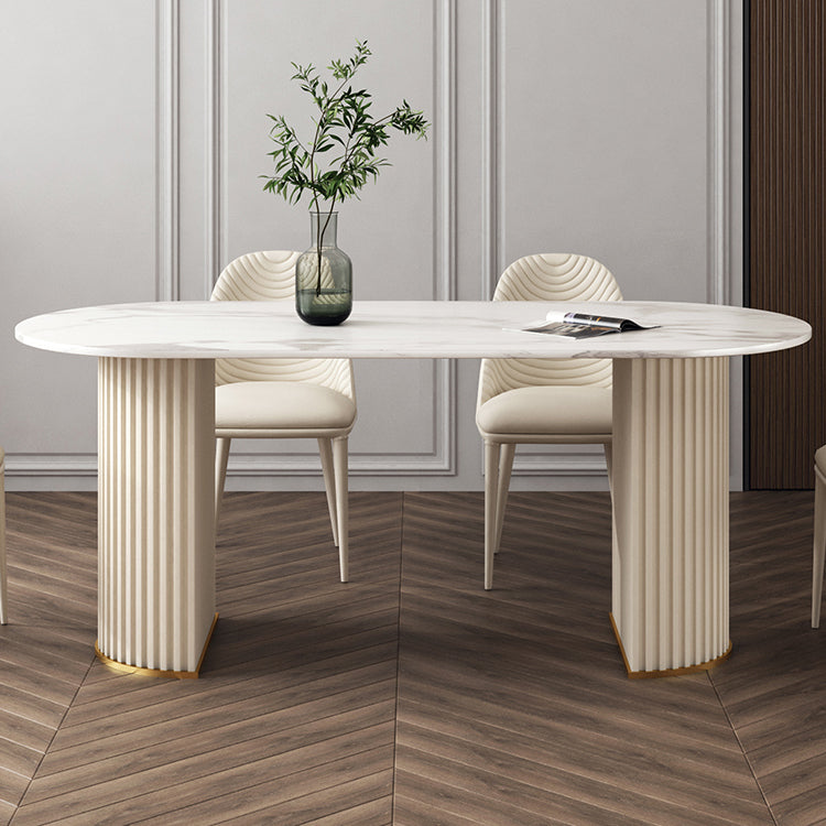 Traditional Luxury Dining Table Oval Double Pedestal Dining Site Table for Dining Room Beige 78.7"L x 31.5"W x 29.5"H Without Chairs Clearhalo ' dining_table' 'Dining Tables & Seating' 'Dining Tables' 'furn' 'furn_dining_table' 'Furniture' 'furniture_dining_table' 'Kitchen & Dining Furniture' 'kitchen&dining_furn' 'kitchen' 'kitchen_dining_table' 4538093