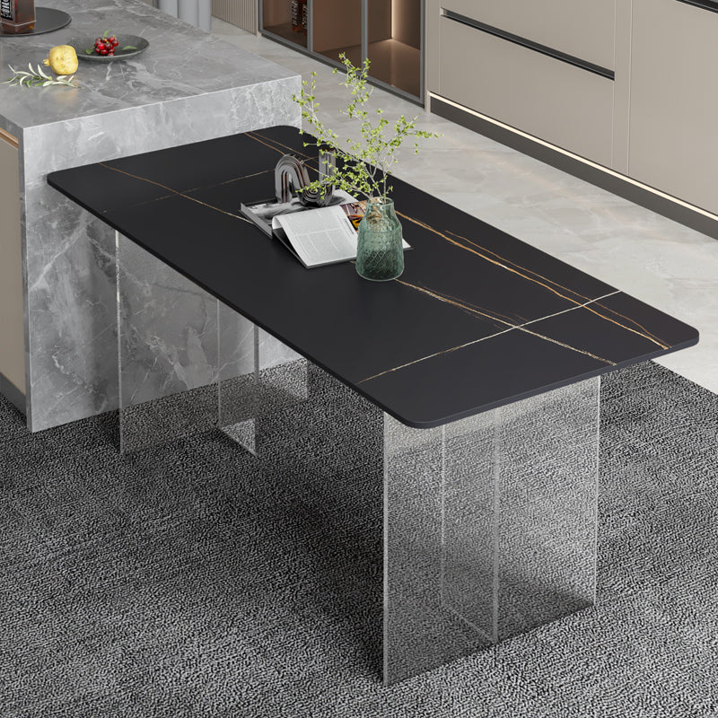Sintered Stone Dining Table Modern Rectangle Table with Acrylic Base for Kitchen Black Gold 55.1"L x 31.5"W x 29.5"H Without Chairs Clearhalo ' dining_table' 'Dining Tables & Seating' 'Dining Tables' 'furn' 'furn_dining_table' 'Furniture' 'furniture_dining_table' 'Kitchen & Dining Furniture' 'kitchen&dining_furn' 'kitchen' 'kitchen_dining_table' 4538143