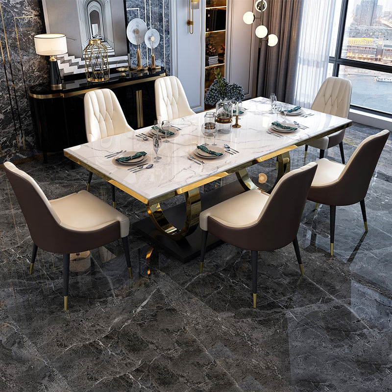 Rectangle Trestle Base Luxury Table Fixed Table with Marble Top White 55.1"L x 31.5"W x 29.5"H Without Chairs Clearhalo ' dining_table' 'Dining Tables & Seating' 'Dining Tables' 'furn' 'furn_dining_table' 'Furniture' 'furniture_dining_table' 'Kitchen & Dining Furniture' 'kitchen&dining_furn' 'kitchen' 'kitchen_dining_table' 4538168
