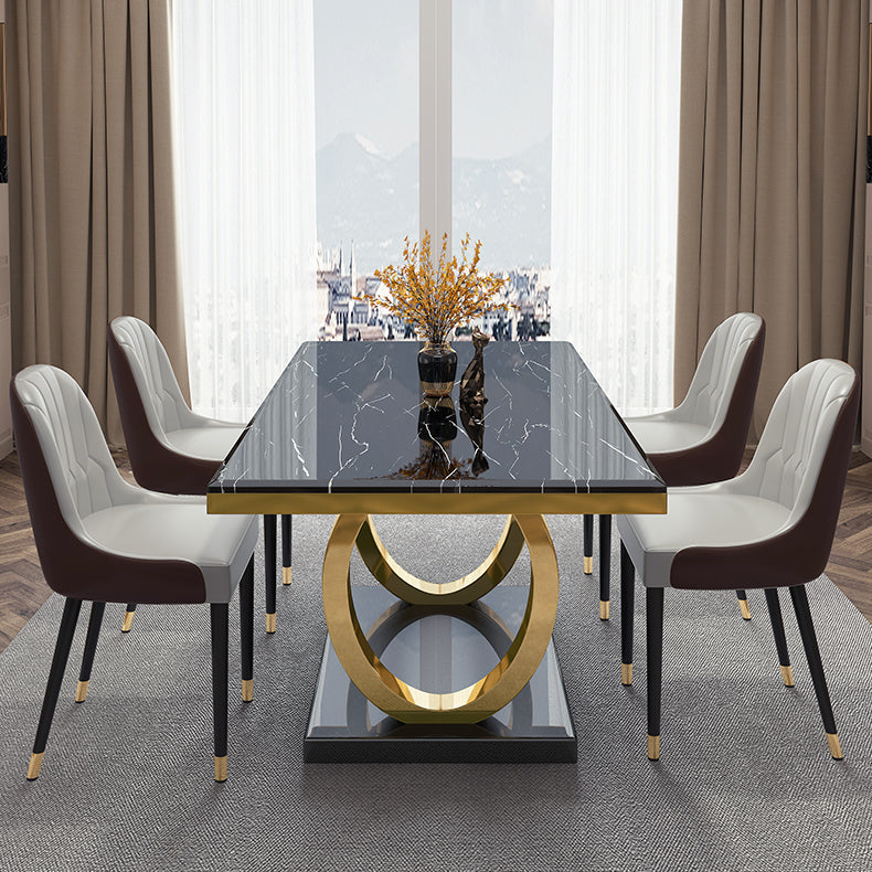 Rectangle Trestle Base Luxury Table Fixed Table with Marble Top Black 55.1"L x 31.5"W x 29.5"H Without Chairs Clearhalo ' dining_table' 'Dining Tables & Seating' 'Dining Tables' 'furn' 'furn_dining_table' 'Furniture' 'furniture_dining_table' 'Kitchen & Dining Furniture' 'kitchen&dining_furn' 'kitchen' 'kitchen_dining_table' 4538169