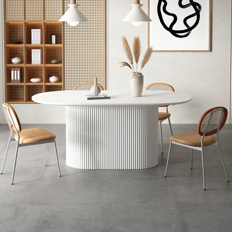 Modern White Top Dining Table Oval Dining Table with Wooden Base White 63"L x 27.6"W x 29.5"H Without Chairs Clearhalo ' dining_table' 'Dining Tables & Seating' 'Dining Tables' 'furn' 'furn_dining_table' 'Furniture' 'furniture_dining_table' 'Kitchen & Dining Furniture' 'kitchen&dining_furn' 'kitchen' 'kitchen_dining_table' 4538318